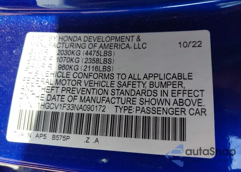 2022 Honda Accord Sport from USA, damaged, VIN 1HGCV1F33NA090172